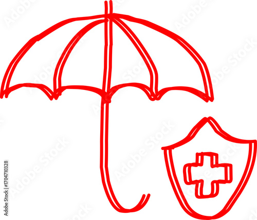 Red hand-drawn sketch of an umbrella with a medical cross shield, symbolizing health insurance, protection, safety, healthcare security, and medical coverage.
