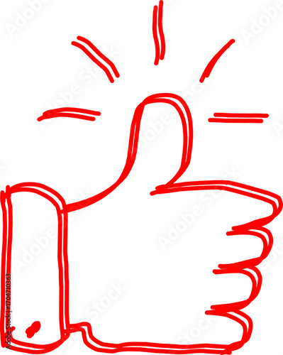 Red hand-drawn sketch of a thumbs up gesture with radiating lines, symbolizing approval, positivity, success, agreement, or encouragement in a simple doodle style.

