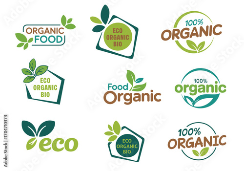Green leaves accent logos promoting natural, organic, and ecofriendly products in this collection