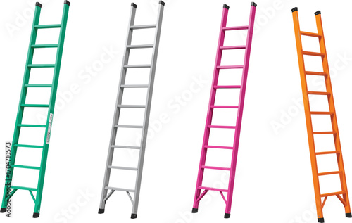 Straight colorful ladders set, construction and tool concept with green, silver, pink, and orange ladders, climbing equipment for repair work