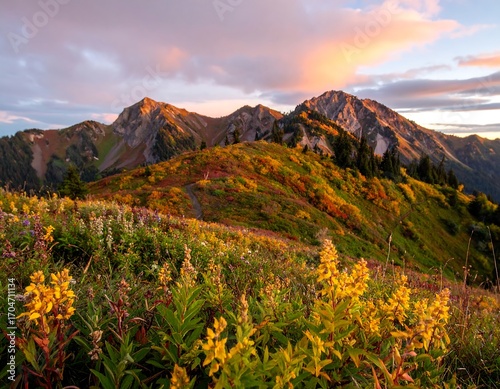 Colorful autumn mountain landscape at sunset