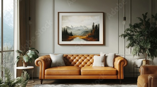 Modern living room interior with a brown leather sofa, pillows, large framed mountain landscape painting, green plants, soft natural light from window, and elegant wall paneling