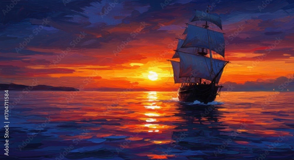Fototapeta premium A majestic sailing ship glides across the tranquil ocean waters at sunset, with vibrant colors reflecting on the waves and a serene horizon in the background, evoking a sense of adventure