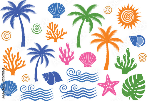 Tropical summer vector set with palm trees, seashells, corals, waves, starfish, sun, and leaves in bright colorful design