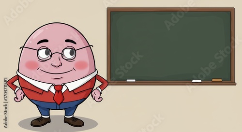 Cartoon teacher figure before chalkboard