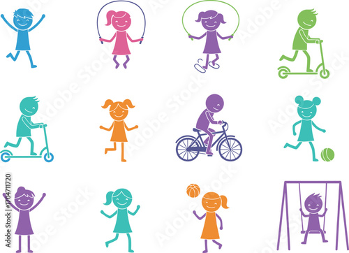 Kids activity vector set with children playing, running, skipping rope, cycling, riding scooter, swinging, playing ball, and having fun