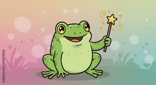 Cute cartoon frog with magic wand
