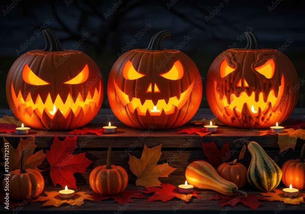 Fototapeta premium Three carved jackolanterns and smaller pumpkins are arranged on a wooden surface with fallen leaves and candles