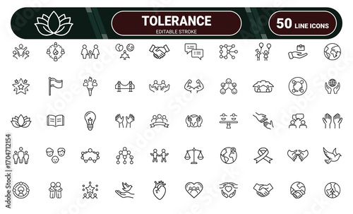 Set of 50 outline icons for international day for tolerance celebrating diversity understanding harmony unity and peace symbols