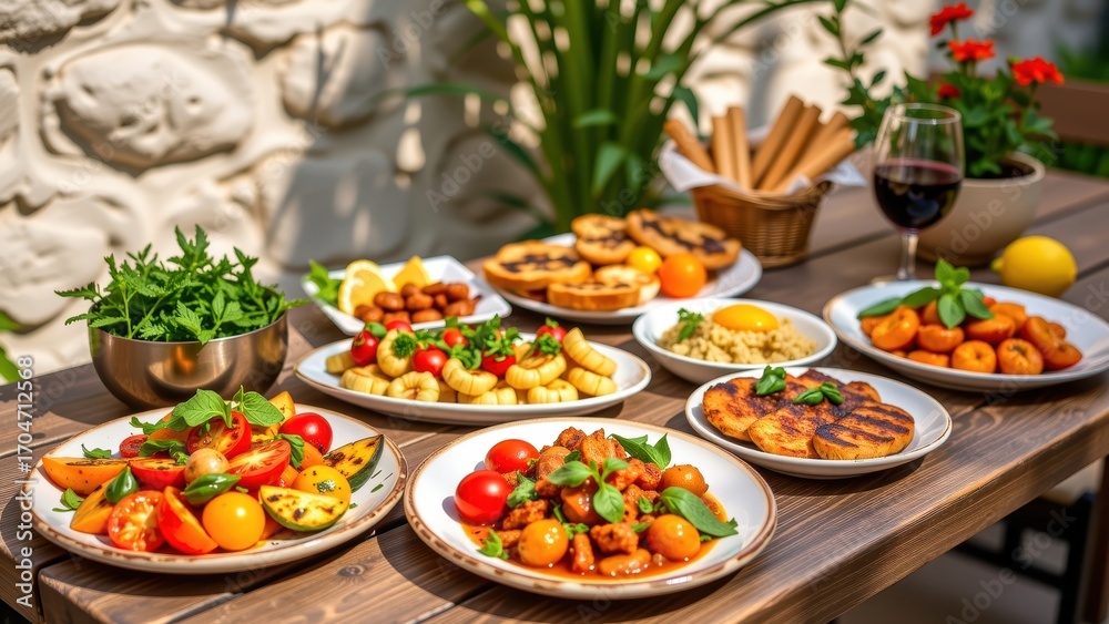 Obraz premium Grilled vegetable salad, fresh tomato, gnocchi, apricot dessert, and leafy greens create vibrant outdoor dining experience