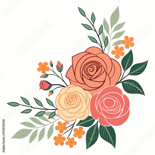 Three blooming roses combined with verdant leaves and blossoms displayed on a transparent background