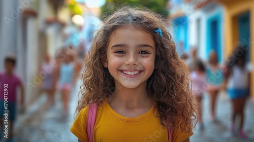 Wallpaper Mural Smiling young girl with curly hair standing on a sunny cobblestone street with colorful buildings and other children in the background Torontodigital.ca