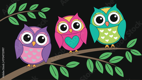 Whimsical cartoon owls with heart accents sit cheerfully on a leafy tree branch against black
