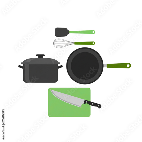 A vector illustration set of essential kitchenware for cooking, featuring a pot, pan, cutting board, knife, spatula, and whisk isolated on a white background