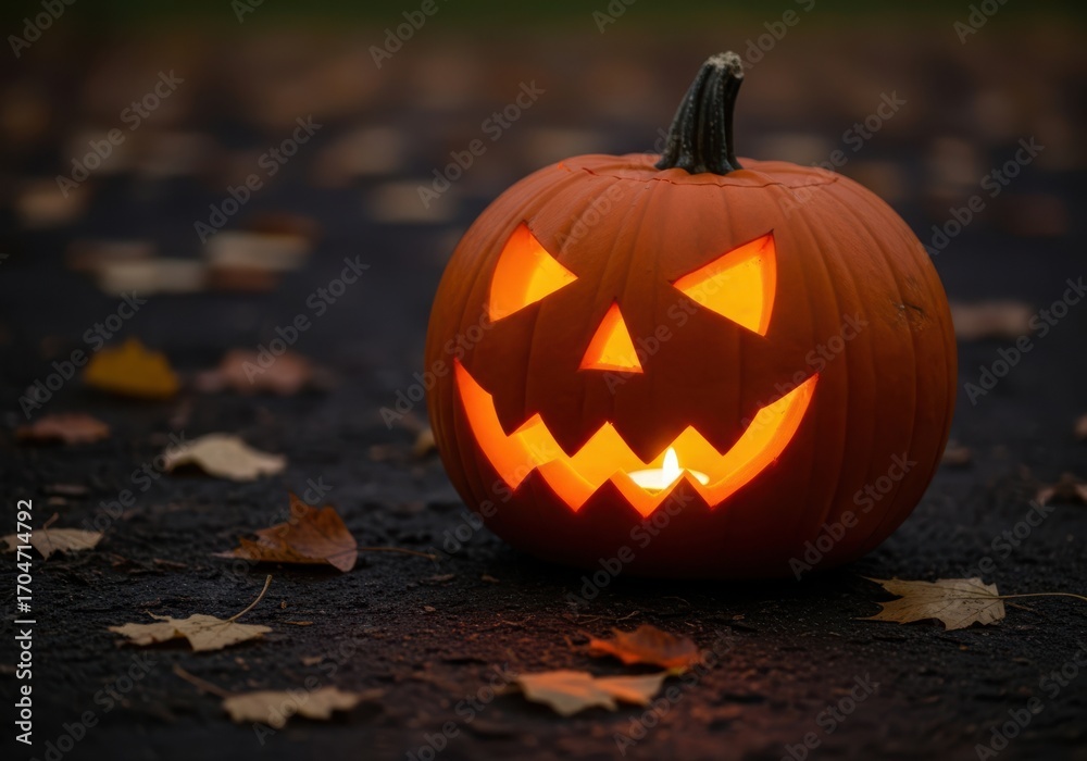 Fototapeta premium A carved jackolantern glows eerily on a dark, leafstrewn path, embodying the spirit of halloween night