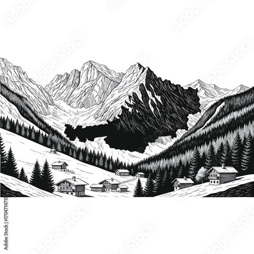 Black and white line art illustration of a serene alpine village in a snowy mountain valley.