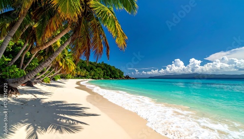 Fototapeta Naklejka Na Ścianę i Meble -  Tropical paradise White sand beach with turquoise water, palm trees swaying under a bright blue sky. Lush green foliage in the background
