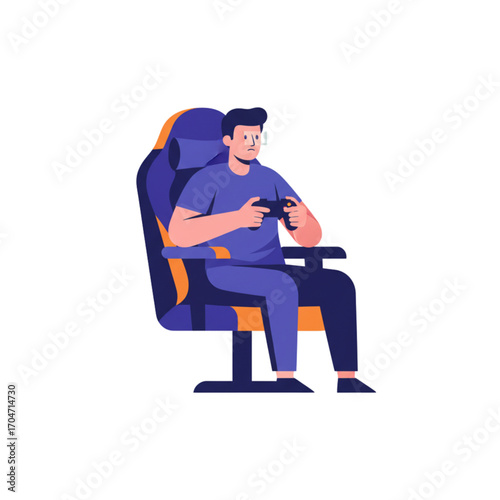 Focused male gamer with a controller deeply engaged in a video game while sitting in a comfortable ergonomic chair, isolated vector illustration