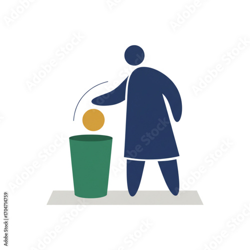 Flat vector icon of a person throwing trash into a bin, symbolizing cleanliness, recycling, and environmental responsibility