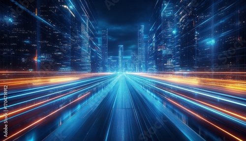 Futuristic cityscape at night with glowing skyscrapers and bright light trails converging forward, creating a sense of speed and dynamic energy