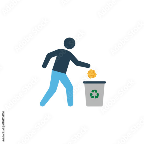 Vector illustration representing environmental responsibility, showing a person correctly disposing of trash in a designated recycle bin