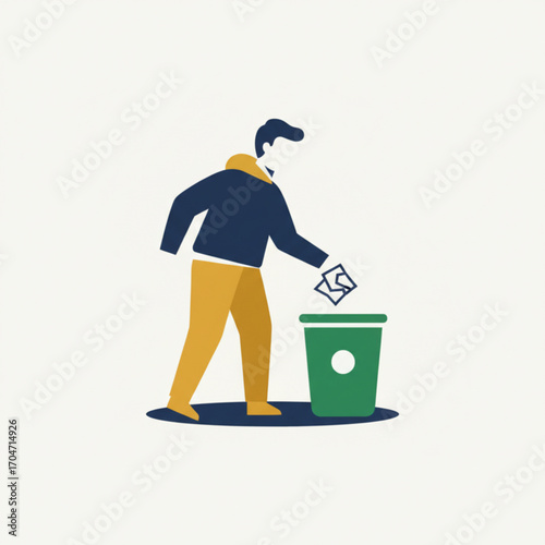 Man putting litter in a green garbage can. Vector illustration for ecology, waste management, and social awareness
