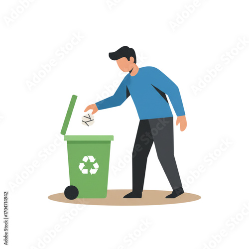 Eco-friendly man practicing waste segregation by throwing litter into a designated green recycling trash can, representing environmental consciousness