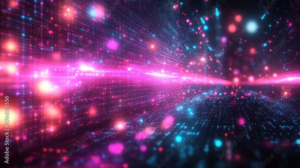 Fototapeta premium Bright neon lights glowing in pink and blue digital grid creating a futuristic and vibrant atmosphere with scattered light particles