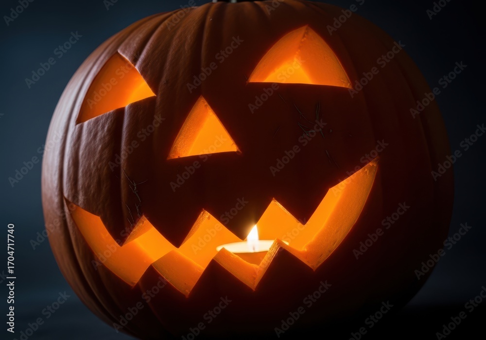 Fototapeta premium A carved jackolantern glows with a candle inside, casting an eerie light in the darkness