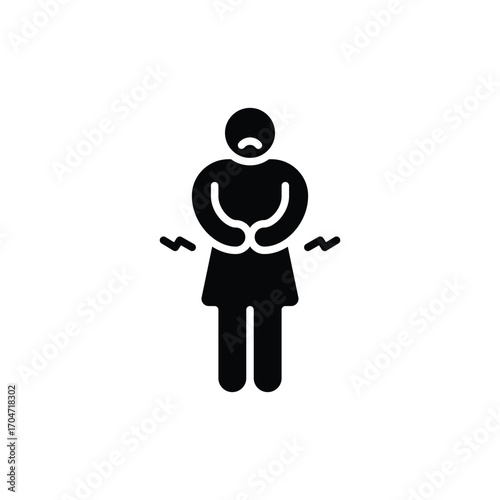 Hungry woman icon. Simple glyph style. Poor woman, hunger, stomach, pain, holding, person, abdominal, adult, constipation, sad people concept. Silhouette, solid symbol. Isolated design.