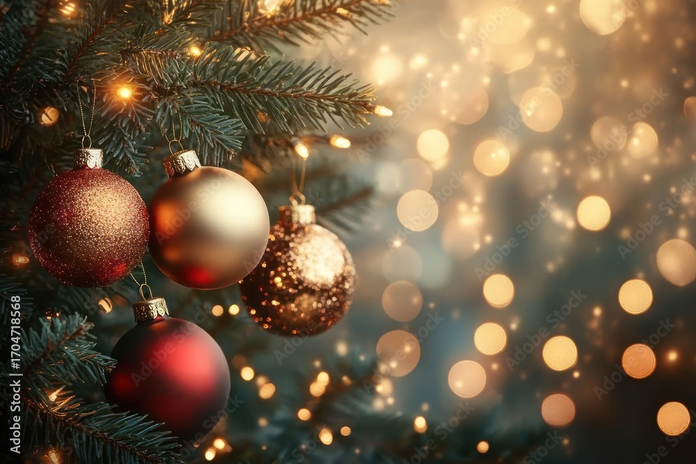 Close-up of Christmas tree branches decorated with shiny red, gold, and glittery baubles and warm glowing lights creating a festive atmosphere Close-up of Christmas tree branches decorated with shiny red, gold, and glittery baubles and warm glowing lights creating a festive atmosphere
