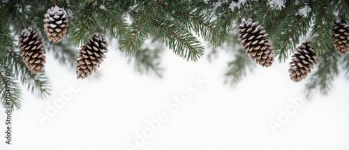 lush green fir branches with scattered pine cones creating a rustic winter border | christmas, winter, holiday, nature, decor theme