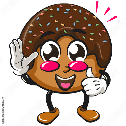 cute chocolate ball mascot character vector illustration wave hand and give a thumbs up sign, work of hand drawn