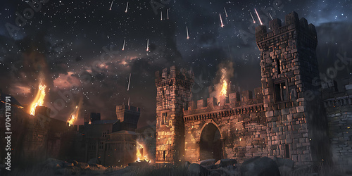 Ancient stone fortress under a fiery meteor shower and ablaze at night.