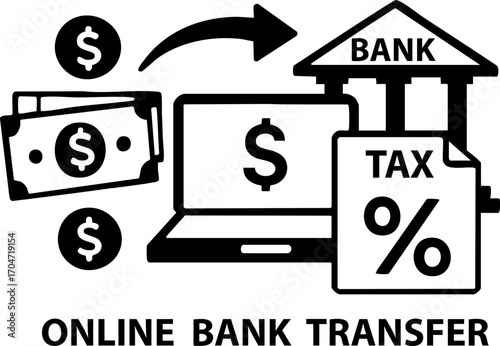 E commerce business tax bank transfer concept with money laptop and tax document illustration
