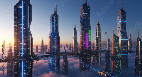 Futuristic metropolis reflecting on clouds showcases technological advancements and urban