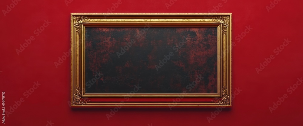 Fototapeta premium Empty ornate gold picture frame mounted on a vibrant red wall, creating a contrast and evoking a sense of mystery and anticipation