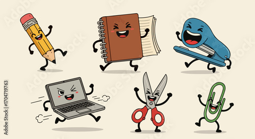 A joyful collection of animated school and office supplies. Cute character mascots including a laptop, pencil, and scissors in a fun vintage style