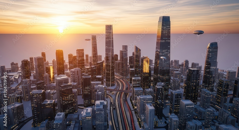 Obraz premium Futuristic cityscape at dusk featuring gleaming skyscrapers and streamlined aerial vehicles