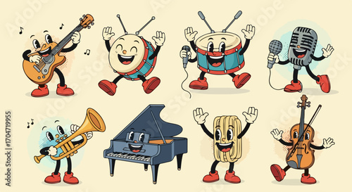 A cheerful collection of vintage cartoon musical instrument characters. An animated orchestra with a happy guitar, piano, and drums in a retro style