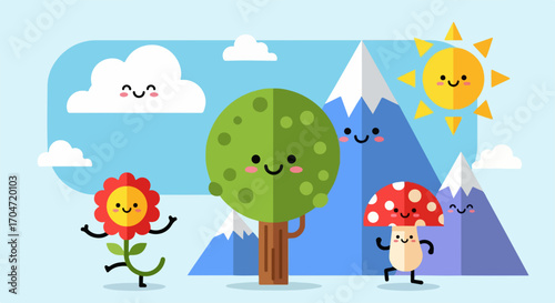 A cute and happy cartoon nature landscape with smiling characters. Conceptual illustration for children's design