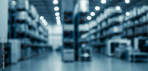 Wallpaper Mural Warehouse interior with shelves and goods, blue tone blurred background that emphasizes the industrial atmosphere and storage capacity of the facility. Torontodigital.ca