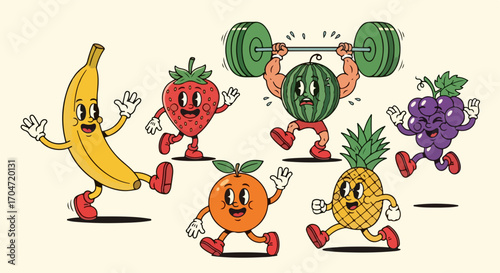 Vibrant collection of retro cartoon fruit characters exercising, symbolizing a healthy diet, fitness, and energetic lifestyle
