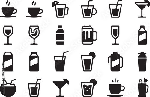 Collection of 20 silhouette icons representing various drinks and beverages