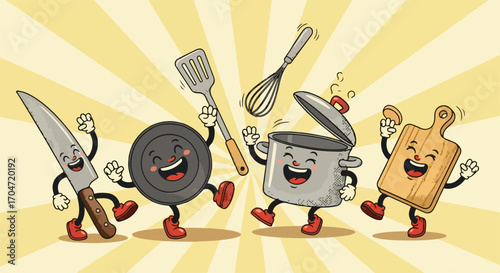 Joyful cartoon kitchenware characters dancing in a happy culinary celebration. An illustration of animated cooking tools having fun together