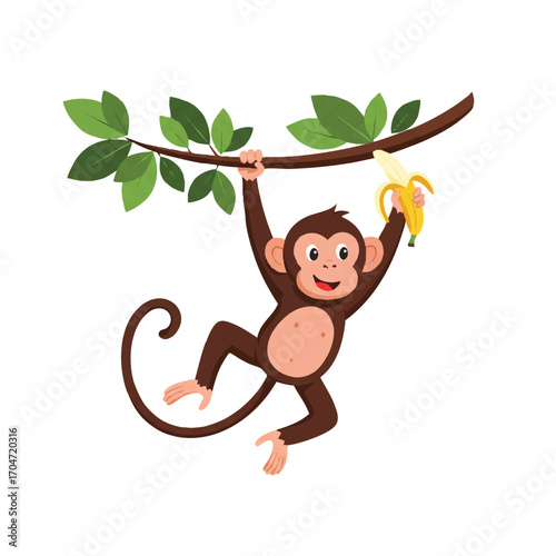A playful monkey is joyfully swinging from a tree branch with lush green leaves, holding a banana, depicted as a vibrant 2D flat vector illustration on a clean white background.