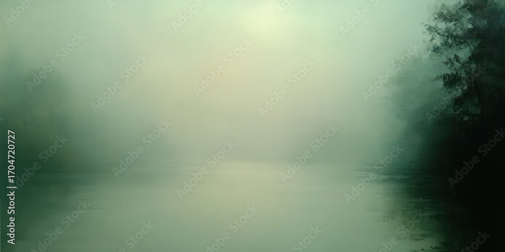 Fototapeta premium Calm river surrounded by dense fog and trees on the right side, creating a serene and mysterious atmosphere with soft muted colors