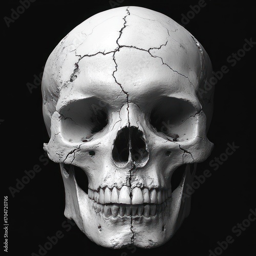 close-up of a cracked human skull on a black background depicting decay and fragility