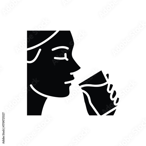 Woman drinking a glass of water icon. Simple glyph style. Drink, mouth, face, person, girl, people, hand, skin, thirst, perfect, thirsty concept. Silhouette, solid symbol. Isolated design.