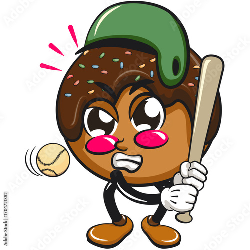 cute chocolate ball mascot character vector illustration playing baseball ready to hit the ball with the bat, work of hand drawn